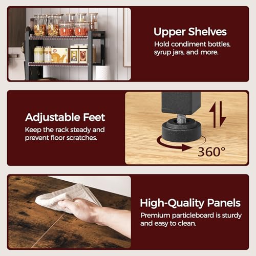 MAHANCRIS Bakers Rack with Mini Fridge Shelf, 3-Tier Microwave Stand, Coffee Bar Station with Paper Holder, Freestanding Kitchen Storage Rack, for Kitchen, Rustic Brown and Black BRHR5401