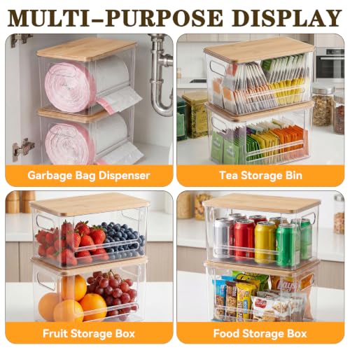 Trash Bag Dispenser Under Sink Organizer for Pantry, Kitchen, 2 Pack | Acrylic Garbage Bag Dispenser, with Bamboo Top & Handles, Extra Large, Keep Onions and Potatoes Neat, Clear, Stackable
