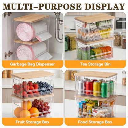 Trash Bag Dispenser Under Sink Organizer for Pantry, Kitchen, 2 Pack | Acrylic Garbage Bag Dispenser, with Bamboo Top & Handles, Extra Large, Keep Onions and Potatoes Neat, Clear, Stackable