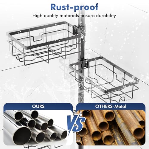 Shower Caddy Organizer Tension Pole, Corner Shower Shelves Bathroom Storage | 6 Tier Shelf, Rustproof 30-120’’ Adjustable, Towel Bar&Soap Dish for Bathroom Organizers, Shower Rack for Inside Shower,Black