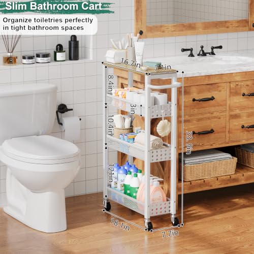 Utility Slim Rolling Cart with Table Top, Narrow Laundry Room Organization and Storage Shelves for Between Washer and Dryer Gap, White Skinny Bathroom Shelf on Wheels,Small Detergent Organizer Cabinet