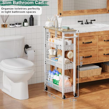 Utility Slim Rolling Cart with Table Top, Narrow Laundry Room Organization and Storage Shelves for Between Washer and Dryer Gap, White Skinny Bathroom Shelf on Wheels,Small Detergent Organizer Cabinet
