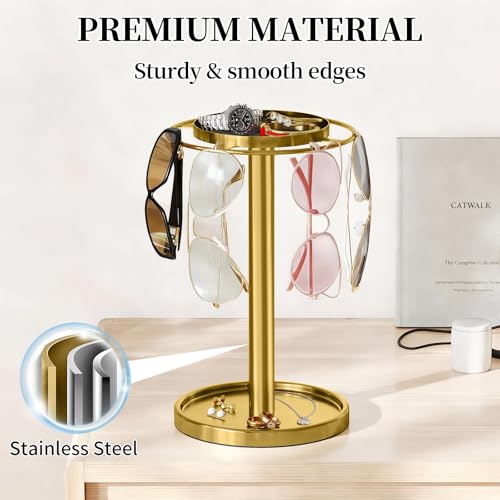360° Rotating Sunglasses Organizer, Glasses Holder with Organizer Tray | Stainless Steel Eyeglasses Holder with Storage Base for Dresser, Desk Table, Nightstand & Home Decor, Gold