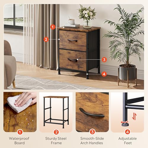WLIVE Night Stand, Small Dresser with 2 Drawers & Wooden Top, Nightstand with Fabric Bins, Bedside Table End Table for Bedroom, Closet, Entryway, College Dorm, Rustic Brown | Nightstand with Fabric Bins, Bedside Table End Table for Bedroom, Kids Room