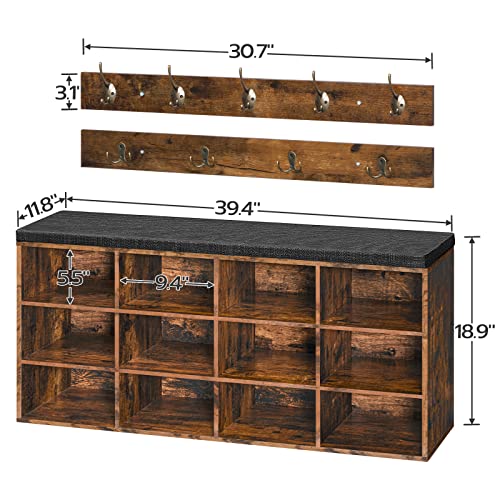 HOOBRO Shoe Storage Bench with Cushion, 39.4" L Entryway Bench with 12 Cubbies, Entryway Hall Tree with Storage, Shoe Cabinet with Coat Rack for Bedroom, Hallway, Holds up to 330 lb, BF112HX01G1