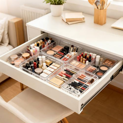21 PCS Extendable Drawer Organizer Set Clear Stackable Vanity Storage Bins | 3-Size BPA-Free Acrylic Trays, Non-Slip Durable Boxes for Makeup Cosmetics Office Desk Utensils Bathroom Dresser Countertop