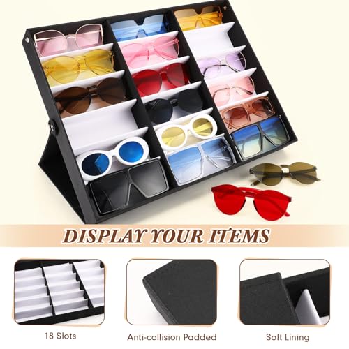 Soaoo 3 Pcs 18 Slot Sunglasses Organizer Storage Holder Eyeglasses Display Case Tray with Stand Fabric Lined Jewelry Storage Box