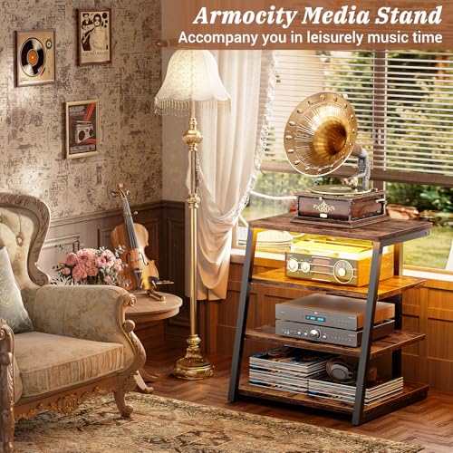 AV Media Stand, Stereo Stands and Racks Small Entertainment Center | Corner Shelf Stand with Power Strip & LED Lights, Audio Tower HIFI Rack Stereo Shelf CRT TV Stand, 4 Tier, Rustic Brown