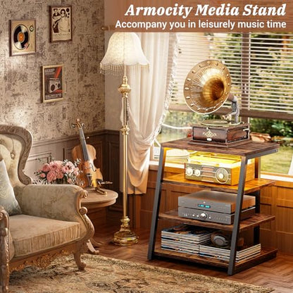 AV Media Stand, Stereo Stands and Racks Small Entertainment Center | Corner Shelf Stand with Power Strip & LED Lights, Audio Tower HIFI Rack Stereo Shelf CRT TV Stand, 4 Tier, Rustic Brown