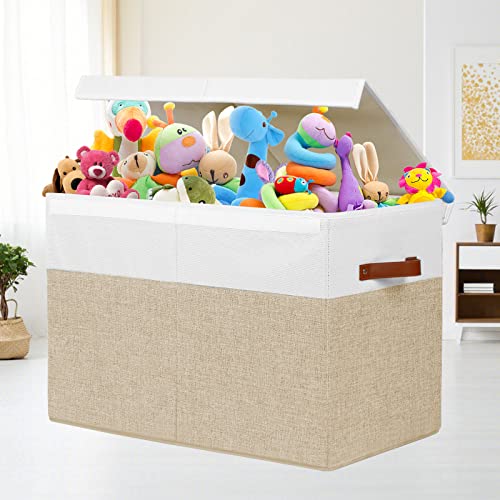 Large Toy Storage Box with Lid, Toy Chest Bin Boxes Basket with Dividers | Sturdy Toy Organizer Bin for Kids, Boys, Girls, Nursery, Living Room, Bedroom, Playroom 25"x13" x16" (Beige and White)