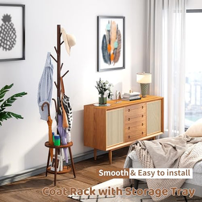 Freestanding Coat Rack with Umbrella Organizer Tray Bamboo Coat Tree Rack with 8 Hook Stand for Clothes Bag Hats Entryway Hanger Stand(Brown)