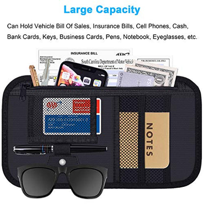 Wisdompro Car Sun Visor Organizer, Registration and Insurance Holder, Black | Auto Sunvisor Pocket, Truck Storage Pouch with Elastic Strap for Sunglass, Glasses, Documents, Cards, Pen, Drivers License