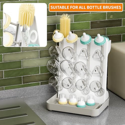 SuoXing Vertical Baby Bottle Drying Rack,Space Saving Countertop Baby Drying Rack for Bottles,Large Baby Bottle Station Stand,Bottle Rack Dryer for Brushes,Pacifiers,Baby Accessories Organizer,Grey