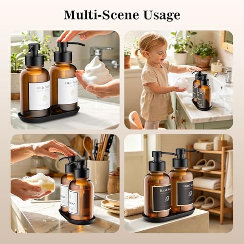 16.9 Oz Glass Foaming Soap Dispenser 2 Pack (Amber) | Refillable Hand & Dish Soap Pump, With Silicone Tray & 8 Waterproof Labels, For Bathroom & Kitchen，Perfect Housewarming Gift