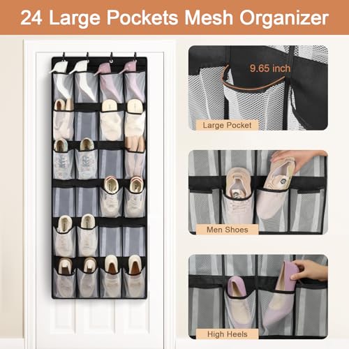 24 Large Pockets Over Door Shoe Organizer, Mesh Hanging Shoe Organizer for Closet Mesh Closet Holder, Back of Door Organizer for Cruise Ships, Rack for Wall, Black, 1 Pack