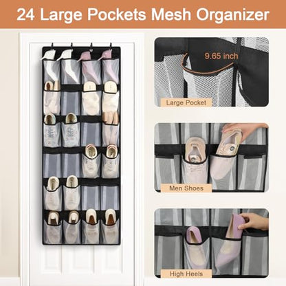 24 Large Pockets Over Door Shoe Organizer, Mesh Hanging Shoe Organizer for Closet Mesh Closet Holder, Back of Door Organizer for Cruise Ships, Rack for Wall, Black, 1 Pack