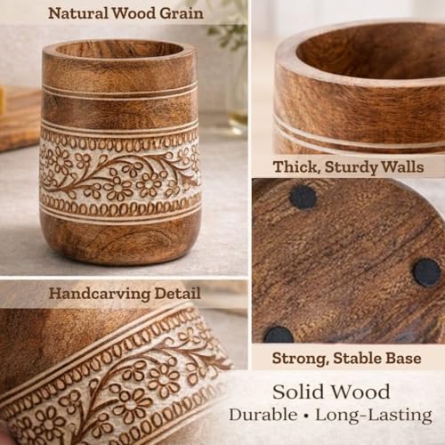 Mie Creations Farmhouse 7'' Large Wooden Utensil Holder, White Floral | Natural Mango Wood, Handcrafted Design, Cooking Spatula Organizer for Kitchen Counter, Holds 15 Utensils, Christmas Decor