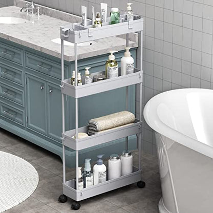Slim Storage Cart 4 Tier,Bathroom Organizer Rolling Utility,Mobile Shelving Unit Slide Out for Office, Kitchen, Laundry Room & Narrow Places,Gray