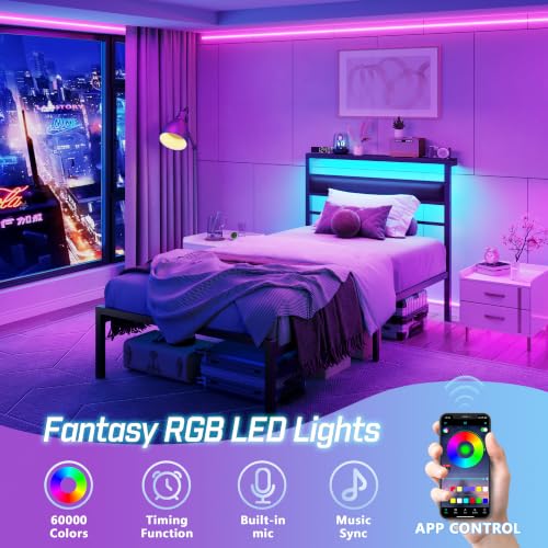 Twin Bed Frames, Upholstered Headboard and Storage Shelf, Black | led lights, under-bed storage, no box spring, easy assembly, sturdy steel frame, USB+Type-C+AC ports, app & remote control