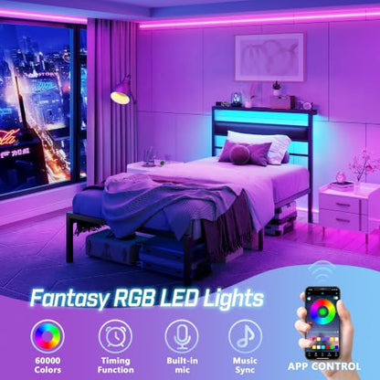 Twin Bed Frames, Upholstered Headboard and Storage Shelf, Black | led lights, under-bed storage, no box spring, easy assembly, sturdy steel frame, USB+Type-C+AC ports, app & remote control
