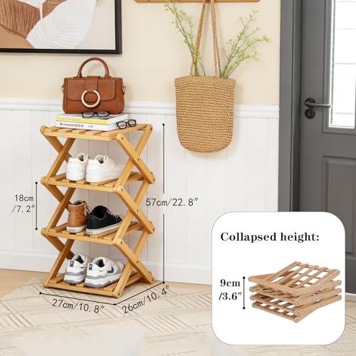 Vertical Shoe Rack Small, 4 Tier Portable Folding Shoe Storage Rack, Without Installation Free Standing Shoe Rack for Corridors, Bedrooms Living Room Corner and Small Spaces (4 Tier)