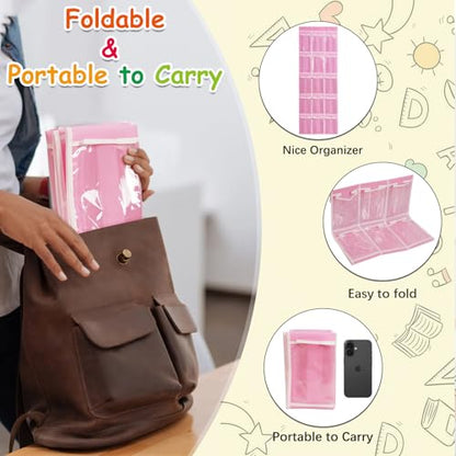 2 Pack Classroom Headphone Storage Organizer with 30 Pockets & 62 Labels | PVC Clear Classroom Pocket Chart for Headphone Cell Phone Over-the-Door Hanging Headphone Holder Bag for School Library, Pink
