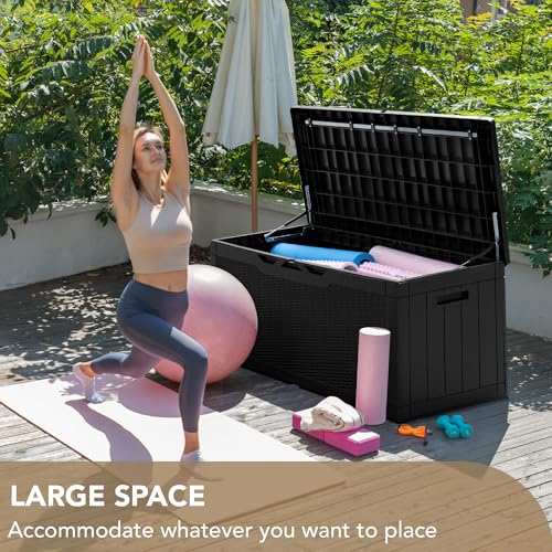 Devoko 100 Gallon Deck Box Waterproof Outdoor Storage Box with Cushion | Resin Large Outdoor Storage Bench Cabinet Lockable for Outside, Patio Furniture, Garden Tools