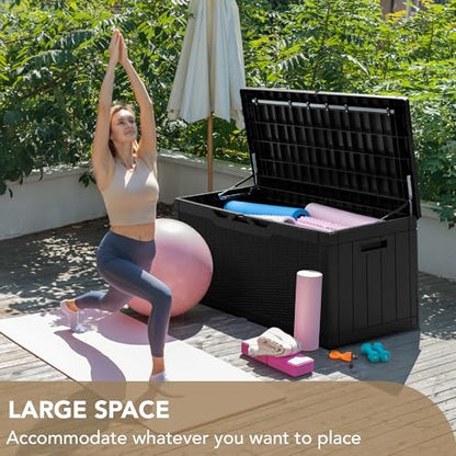 Devoko 100 Gallon Deck Box Waterproof Outdoor Storage Box with Cushion | Resin Large Outdoor Storage Bench Cabinet Lockable for Outside, Patio Furniture, Garden Tools