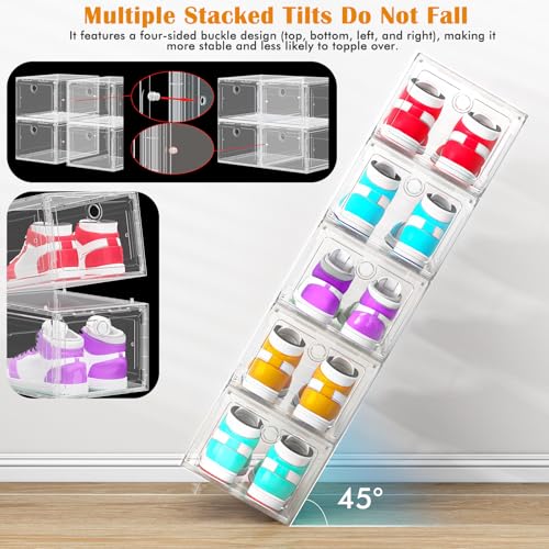 12-Pack Shoe Storage Boxes Clear Magnetic Stackable | Upgraded Harder Material, Stackable Space-saving, Fits Sneakers & Boots, Clear Magnetic Front Door