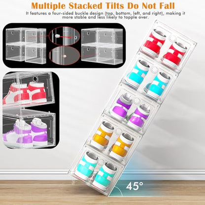 12-Pack Shoe Storage Boxes Clear Magnetic Stackable | Upgraded Harder Material, Stackable Space-saving, Fits Sneakers & Boots, Clear Magnetic Front Door