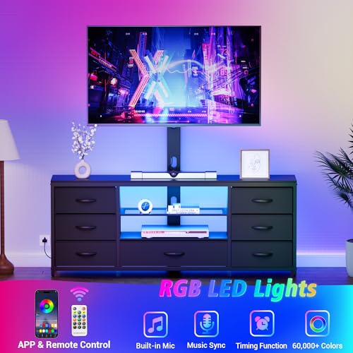 TV Stand with Mount, Entertainment Center for 55 60 65 70 inch TVs | TV Console with Power Outlets & Led Lights, 7 Fabric Drawers, For Living Room, Bedroom, Black Dresser with Open Storage