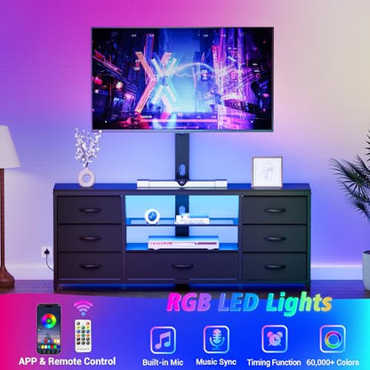 TV Stand with Mount, Entertainment Center for 55 60 65 70 inch TVs | TV Console with Power Outlets & Led Lights, 7 Fabric Drawers, For Living Room, Bedroom, Black Dresser with Open Storage