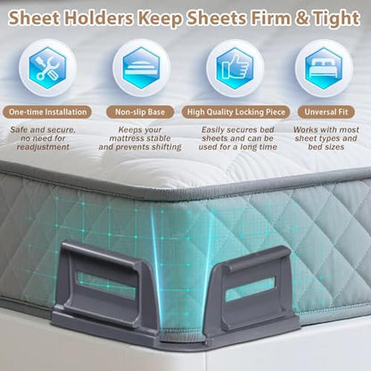 Bed Sheet Holders for Corners, Heavy Duty Fitted Lock Sheet Holders Keep Sheets Firm & Tight, New Upgrade Open Corner Design for Any Mattress Sizes, No More Loose Sheets, Easy Installation(Dark Grey)
