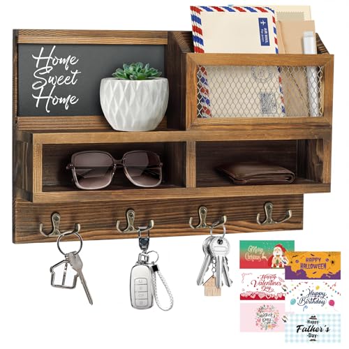Key Holder Wall Mount, Wooden Mail and Key Organizer, Brown | Rustic Farmhouse Style, 4 Double Hooks, Includes 2 Storage Box, Small Shelf, Mail Slot, for Entryway, Doorway, Hallway, RV