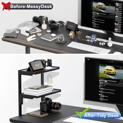 2 Tier Clamp on Desk Shelf | Office Desk Shelves Organizer, Wood Desktop Supplies Storage Rack, Desk Organizers and Accessories (Black)