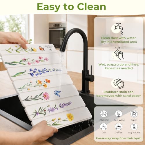 LOKHOM Stone Dish Drying Mat, 15.3"x23.6" Diatomaceous Earth Mat Floral | Watercolor Wildflower, Foldable, Absorbent, Non-Slip, Heat Resistant, For Kitchen Counter Bath Dishes Cups