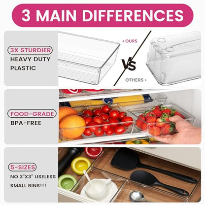Large Drawer Organizer Bins 26 Pack | Complete 5 Size Clear Plastic Kitchen Drawer Organizers for Utensils | Bathroom Drawer Organizer Trays | Versatile for Makeup Office Organization