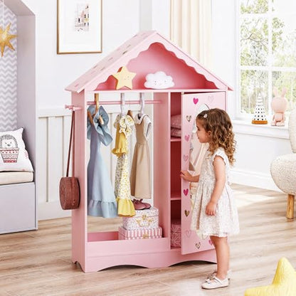 UTEX Dollhouse Kids Dress Up Wardrobe with Storage Cabinet and Mirror | Open Hanging Costume Organizer, Kids Wardrobe Closet, Water-based Paint for Kids Room, Playroom, Pink