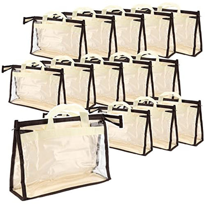 18 Pack 3 Sizes Clear Handbag Storage, Clear Purse Protector Bag with Zipper and Handle Purse Storage Dust Bags for Closet, Beige and Transparent