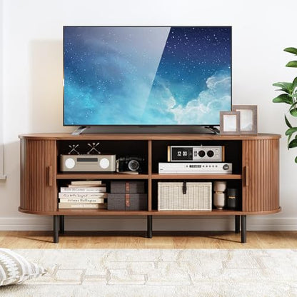 55" TV Stand with Power Outlet, Mid-Century Modern Television Stand, Fluted Media Console with Sliding Doors, Entertainment Center for TVs up to 60 Inch, Adjustable Shelves, Walnut