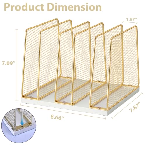 Gold Desk File Organizer, 5-Section Upright File Sorter, Vertical File Folder Holder, Mesh Metal Wood Office Desk Organizer for Document, Magazine, Books and more (White and Gold)