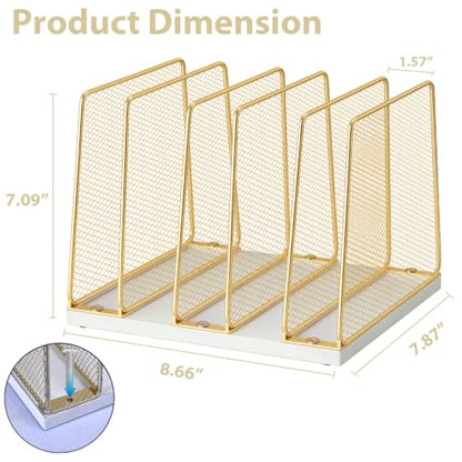 Gold Desk File Organizer, 5-Section Upright File Sorter, Vertical File Folder Holder, Mesh Metal Wood Office Desk Organizer for Document, Magazine, Books and more (White and Gold)