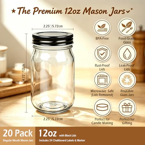 QAPPDA 20 Pack Mason Jars,Glass Jars With Lids 12 oz