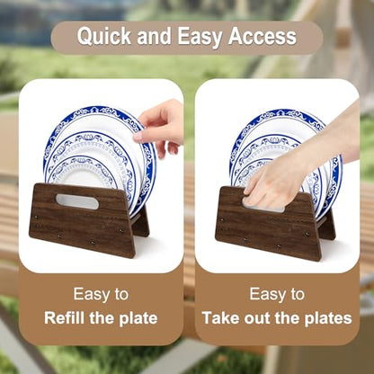 Wooden Disposable Plate Dispenser, Acacia Plate Holder for 5-12 Inches Paper Plastic Foam Plate Storage Organizer Rack Holder for Cabinet, Countertop, Rv or Outdoor Use (Black Acacia, 1PC)