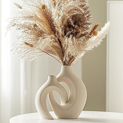 Snuggle Hollow Ceramic Vase Set of 2 Boho Home Table Decor Vase | Modern Nordic Aesthetic Pampas Grass Flower Vases for coffee Centerpiece Living Room Decorative Milky White W6.3" X H8.4"