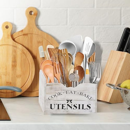 Extra-Large Kitchen Utensil Holder for Countertop-360° Rotating Base | 6-Compartments Cooking Utensil Organizer, Removable Divider, Wooden Utensil Organizer for Countertop, Farmhouse Kitchen Decor