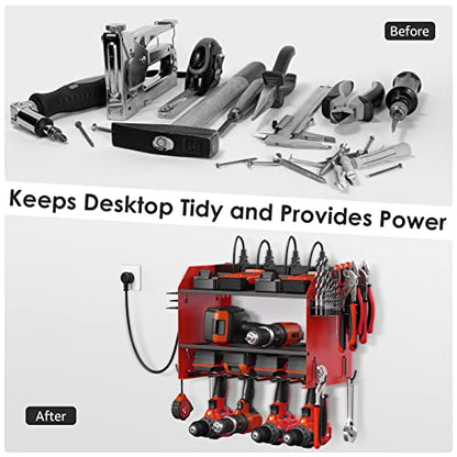 CCCEI Wall Mount Modular Tool Charging Organizer, Red, 1 Pack, 3 Tier. | Drill Battery Storage Rack with Hooks, Garage Workshop, Gifts for Men, Dad, Husband Anniversary, Birthday, Christmas