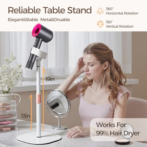 Hair Dryer Stand Holder-19 inch Ultra Stable Blow Dryer Stand White | Enlarged Base Pedestal, Hands Free Blow Dryer Stand, 360 Degree Rotating, Height Adjustable, Works for 99% Blow Dryer