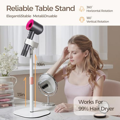 Hair Dryer Stand Holder-19 inch Ultra Stable Blow Dryer Stand White | Enlarged Base Pedestal, Hands Free Blow Dryer Stand, 360 Degree Rotating, Height Adjustable, Works for 99% Blow Dryer