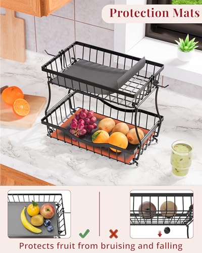 Large 2 Tier Fruit Basket for Kitchen Counter with 2 Banana Hangers, Black | Metal Fruit Bowl with Protection Mats for Vegetables, Snacks & Bread | 14.5" W x 9.5" D